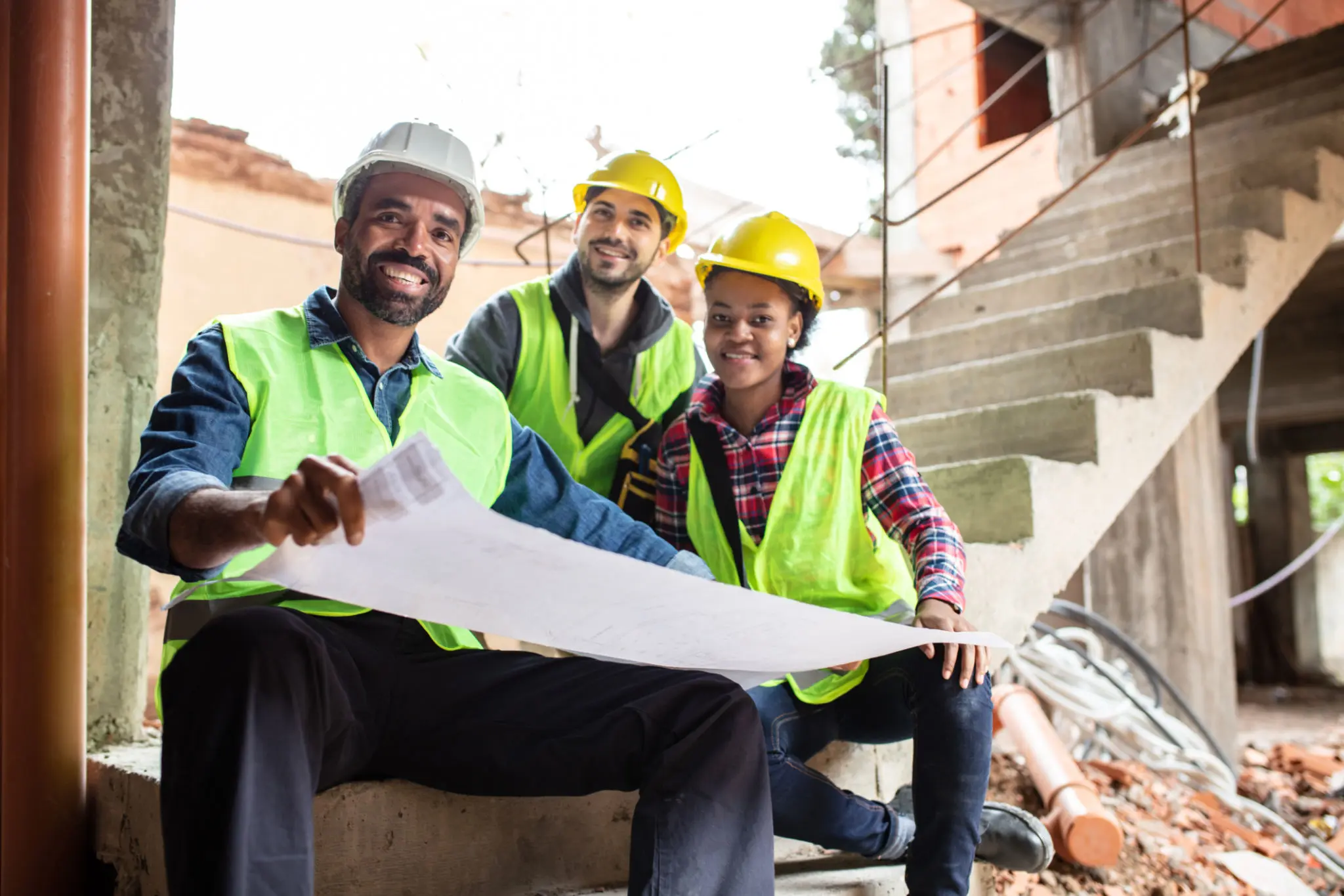 Construction team reviewing blueprints on site.