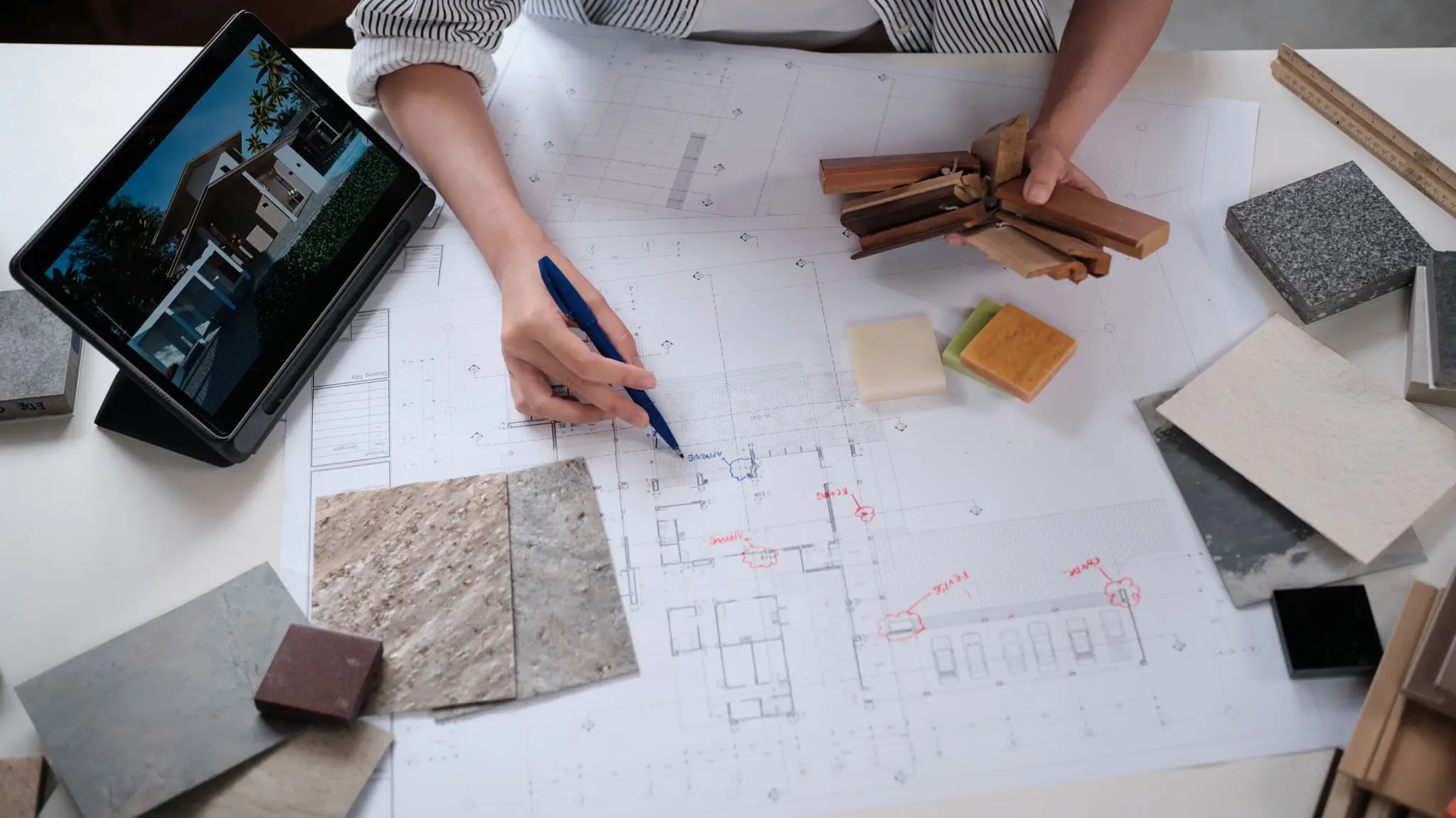Architect planning with blueprints and materials.