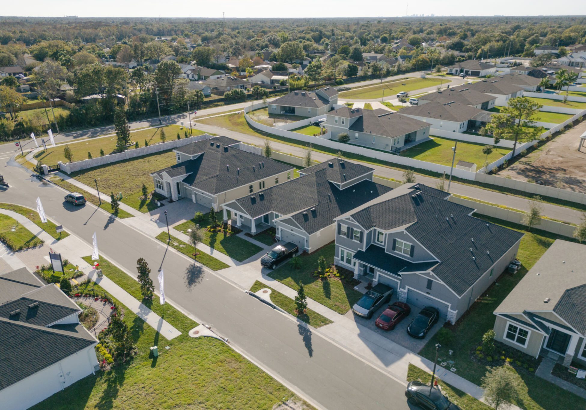 Aerial view of suburban neighborhood houses.