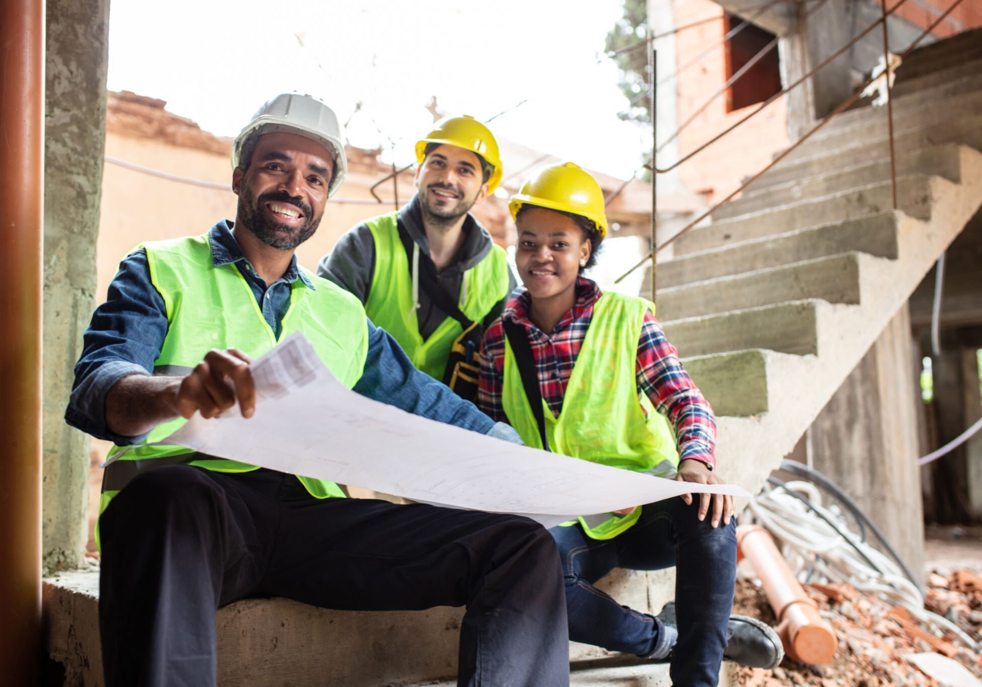 Construction team reviewing blueprints on site.